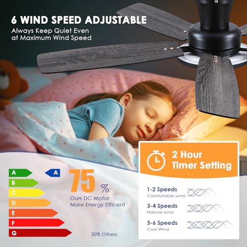 BYKISTOK 52-Inch Flush Mount Ceiling Fan with RGB Light - Black Reversible Mute Motor