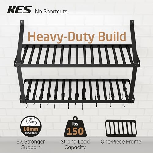 KES Black 150 lb Heavy-Duty Wall Mount Pot Rack with 20 Hooks & Lid Holder