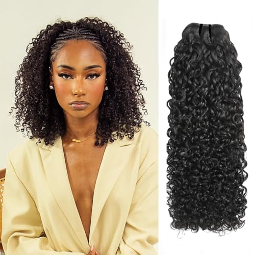 Natural Color Pixie Curly Human Hair Bundles 14 Inch Water Wave Textured Extensions - Black Women