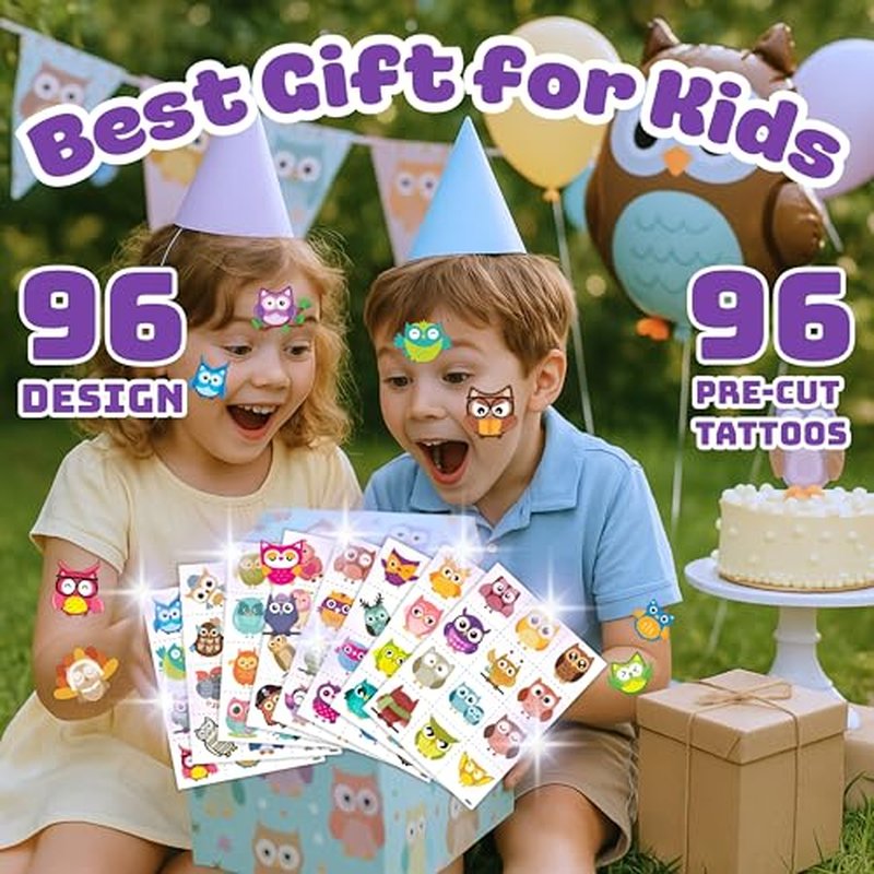 96PCS Owl Temporary Tattoos Stickers for Kids - Cute Party Favors, Birthday Party Tattoos, Classroom Prizes, Christmas & School Gifts, Fun Tattoos for Boys & Girls