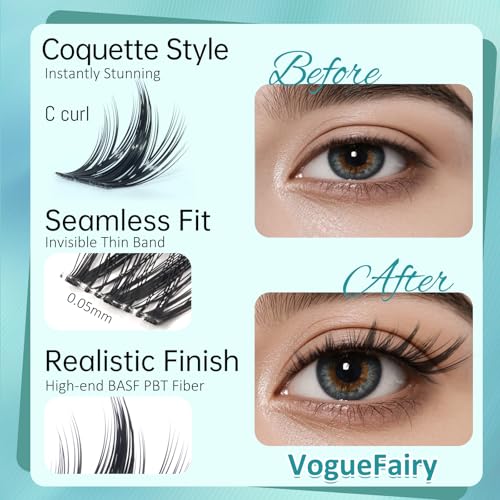VogueFairy.05 Manga Lashes Clusters 8-16mm C Curl Wispy Eyelash Clusters - Wide Invisible Band DIY Wet-Look Spiky Anime Lashes Soft Individual Lash Extension Pack Without Glue Tweezers