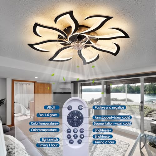 Dalouguan 32-Inch Black Ceiling Fan with Lights & Remote Control, 6 Speeds, 3 Light Colors, Flush Mount for Bedroom & Kitchen - 8 Lights Variant