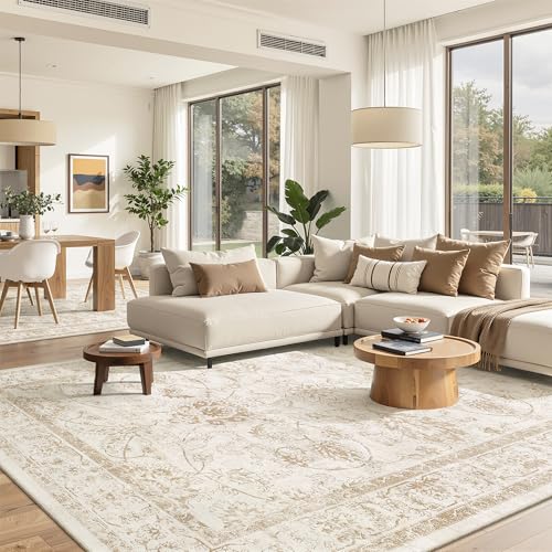 Madane 8x10 Washable Area Rug for Living Room - Natural Ivory, Soft & Non-Slip