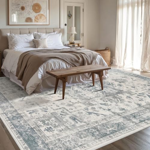 8x10 Blue & Grey Boho Vintage Area Rug - Machine Washable, Non-Slip, Low-Pile for Living Room