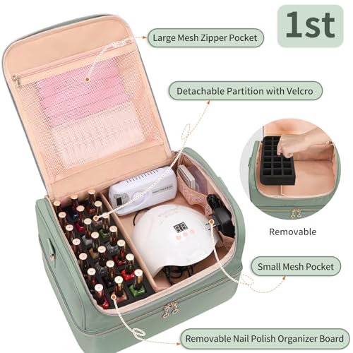 CUBETASTIC Nail Polish Organizer, Nail Tech Organizers and Storage Case Holds 69 Bottles Nail Polish & Nail Lamp, Travel Nail Supplies bag for Nail Tech Kit & Manicure Tools, Green