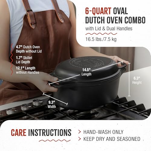 Cast Iron Dutch Oven and Skillet Set - 6 Quart Oval Combo - 2 Pieces
