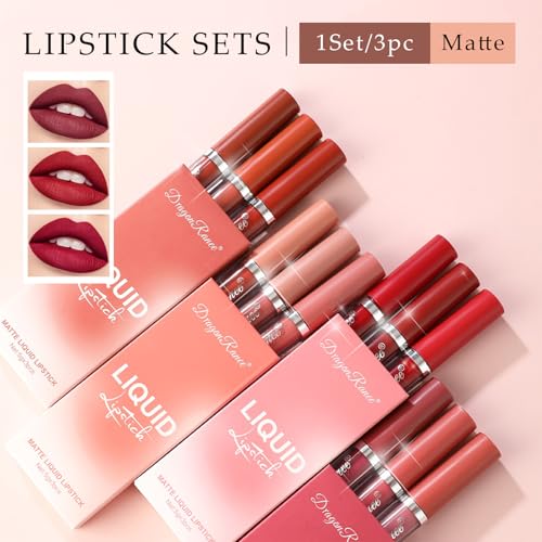 M?TYSUR3Pcs Matte Lipstick Set - Long Lasting & Smudge-Proof, Hydrating Non-Drying lip gloss for Women, Natural Finish with Rich Shades, Nourishing Lipstick for Women, Soft Matte Lip Cream