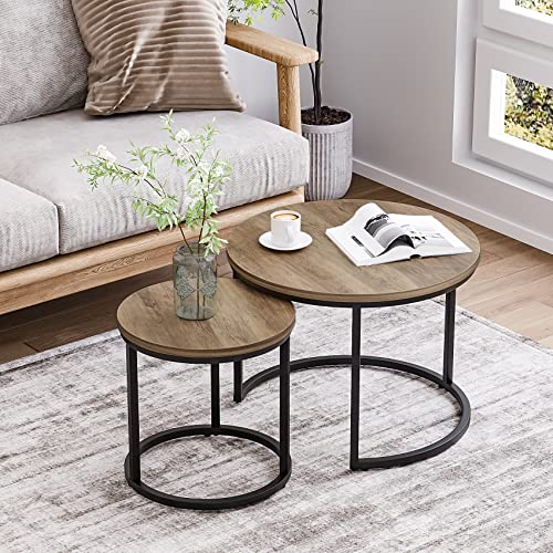 Smuxee Nesting Coffee Table Set of 2 - 23.6" Oak Round Industrial Side Tables