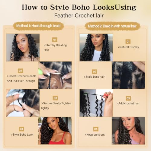 Deep Wave Feather Crochet Hair 200 Strands 18 Inch 1B for Black Women - Knotless, Natural Look