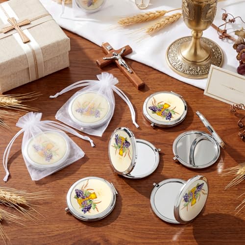 Yerliker 24 Pcs Baptism Favor Set, Compact Mirro Religious Baptism Gift for Guests 12 Pcs Mirror with Organza Bags Christening Holy Spirit Dove Primera Comunion Bautizo Recuerdos for Guests