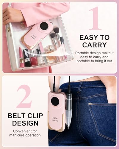 Pink Cordless Professional Nail Drill Kit 35000RPM with LCD Display & 14 Bits