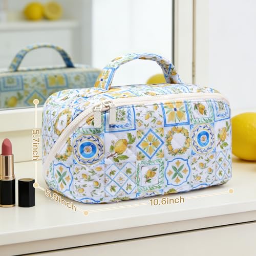 Lemon Print Travel Cosmetic Bag Organizer for Women - Large Quilted Makeup & Skincare Storage, Effortless Flat Lay Design, Vacation Essentials