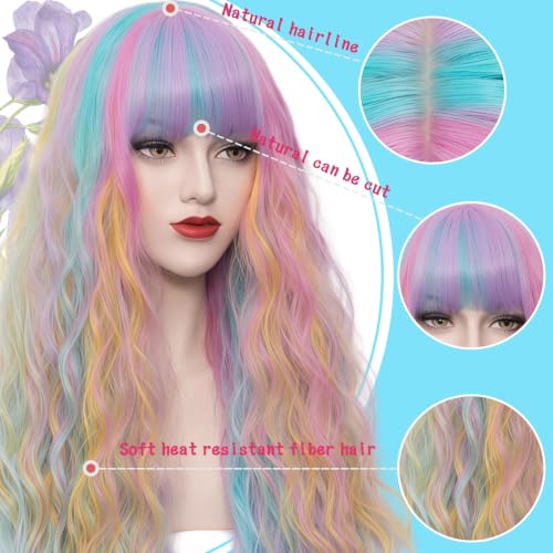 Women's Multi Color Rainbow Curly Wavy Wig 27'' Long Cosplay Halloween Party