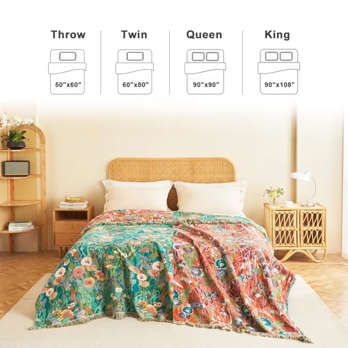 LUTBM King Size Reversible Cotton Blanket with Floral Embroidery - 108x90 Inches