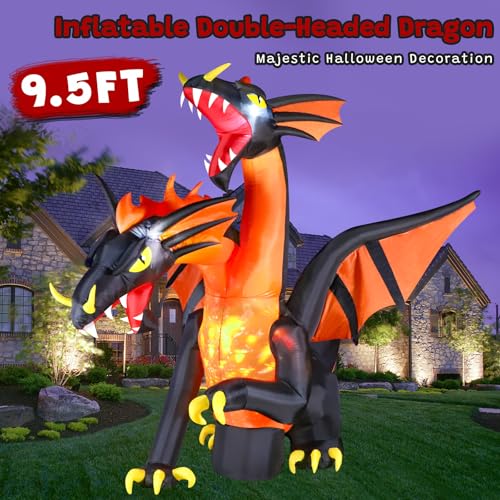 Giant 9.5 FT Halloween Inflatable Double Headed Dragon with LED Lights - Outdoor Yard Decor