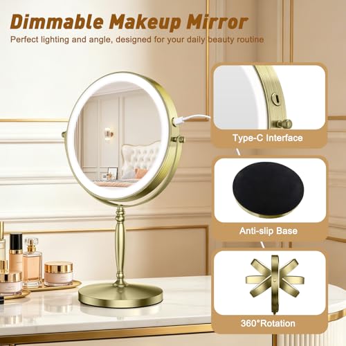 Matekxy Brushed Gold 8-Inch Makeup Mirror with Light & 10X Magnification