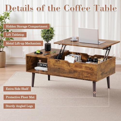 Rustic 19.7x39.4-inch Lift Top Coffee Table with Hidden Storage - OLIXIS