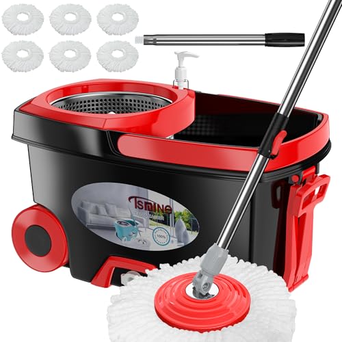 RinseWise Large Spin Mop Bucket Set with Wringer & 6 Microfiber Heads, 2 Gal, Black - Includes 6 Mop Heads