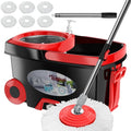 RinseWise Large Spin Mop Bucket Set with Wringer & 6 Microfiber Heads, 2 Gal, Black - Includes 6 Mop Heads