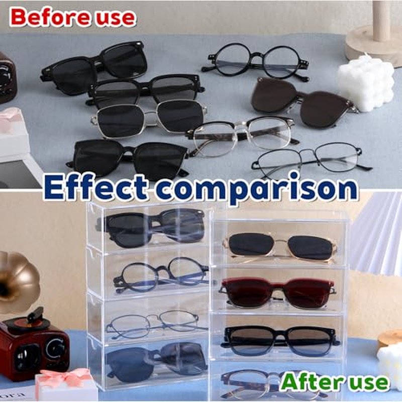 2PCS Clear Acrylic Sunglasses Organizer, Plastic Stackable Eyeglass Case Storage Organizers with 4 Drawers, Glasses Organizer for Women for Glasses Jewelry Watch Storage-9.65*6.89*2.56 Inch