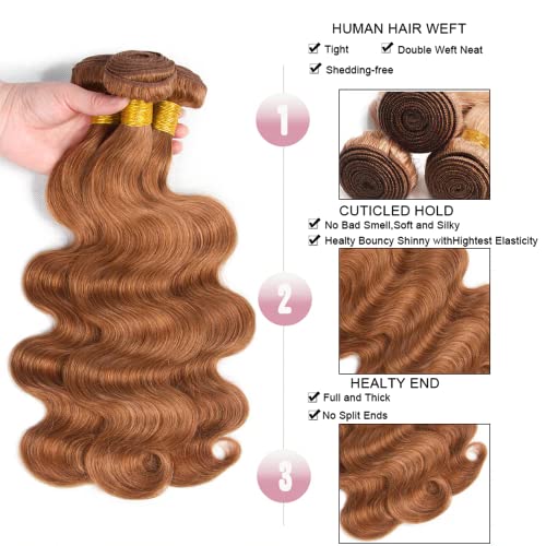 Light Brown Human Hair Body Wave Bundles - 12 14 16 Inch Peruvian Virgin Hair 3 Pack