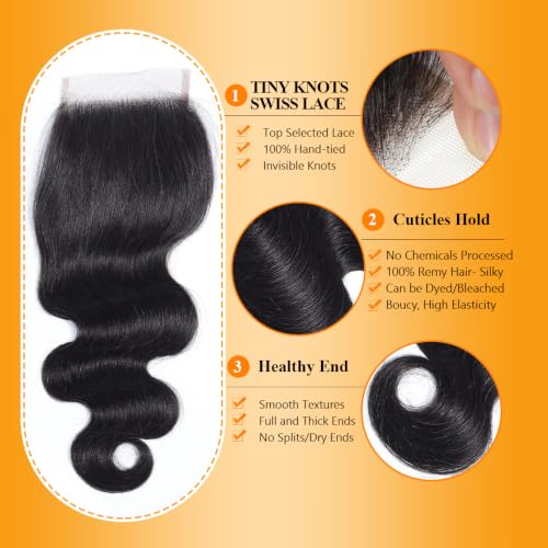 QTHAIR 16 Inch Natural Black Body Wave Lace Closure 5x5 Pre Plucked Human Hair
