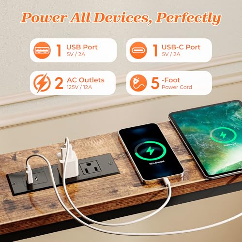 Rustic Brown 79 Inch Sofa Table with 2 Power Outlets & USB-C Ports - Narrow Design