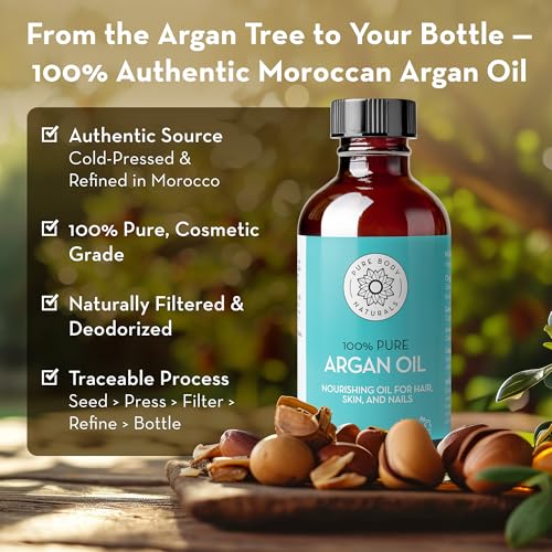 Pure Body Naturals 4 Fl Oz Argan Oil for Skin, Face & Hair — Pack of 2, Cold-Pressed, Non-Greasy