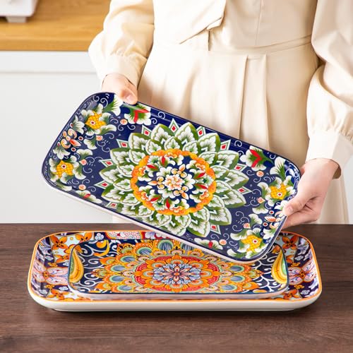 Colorful Serving Platters Set of 3 - Rectangular Ceramic Trays for Dining