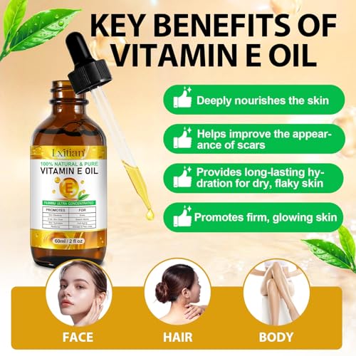 Vitamin E Oil for Skin,75,000 IU Pure Vitamin E Oil for Face, Hair,Nail & Body Tightening Plump Skin,Reduce Fine Lines & Scars,Moisturizing & Smooth,Non-GMO