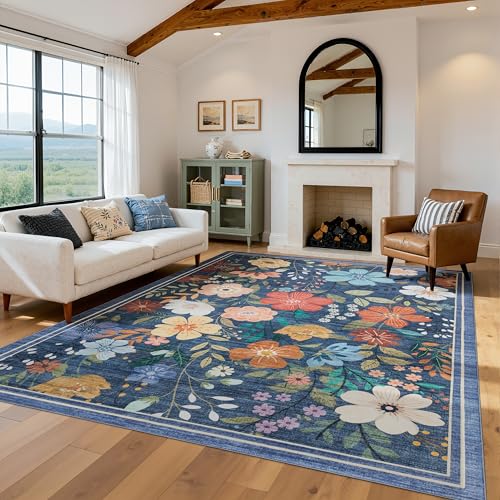 Blue Floral Washable Area Rug 8x10 - Ultra Soft, Non-Slip, Pet Friendly