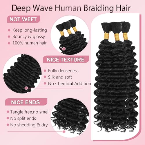 Deep Wave Human Braiding Hair Bulk 3 Bundles #1B Black 18 Inch Natural Virgin Extension