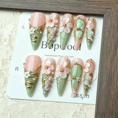 Pink Green Gradient Stiletto Press On Nails with Floral Gold Decor - Mint Nude Variation of THIS Listing