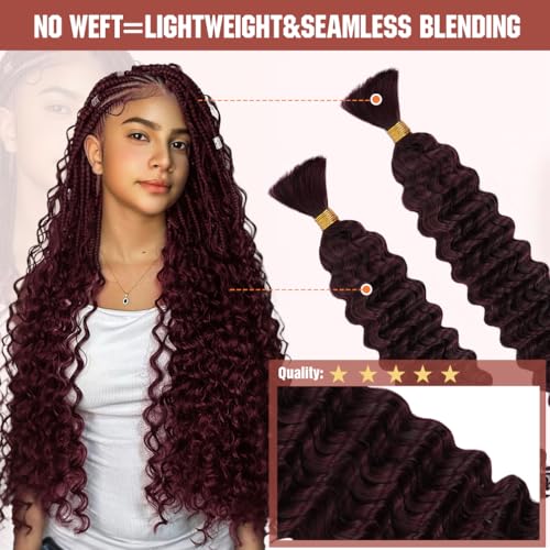 Deep Wave Human Braiding Hair 18 Inch 100G for Boho & Knotless Braids - Red Burgundy 2 Pack - 12A Virgin Brazilian Human Hair