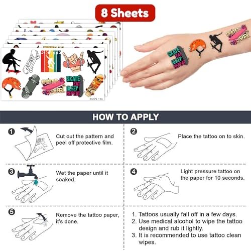 Skateboard Temporary Tattoos - Skateboarding 85 PCS Sports Themed Stickers for Kids Birthday Party Supplies, Decorations, Favors, and Prizes - Cute Gifts for Boys and Girls