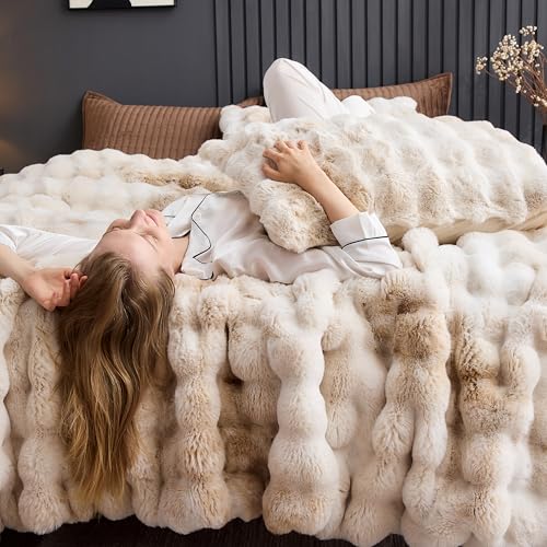 Wonderful Faux Rabbit Fur Queen Comforter Set Tie Dye Beige Plush Bedding Winter