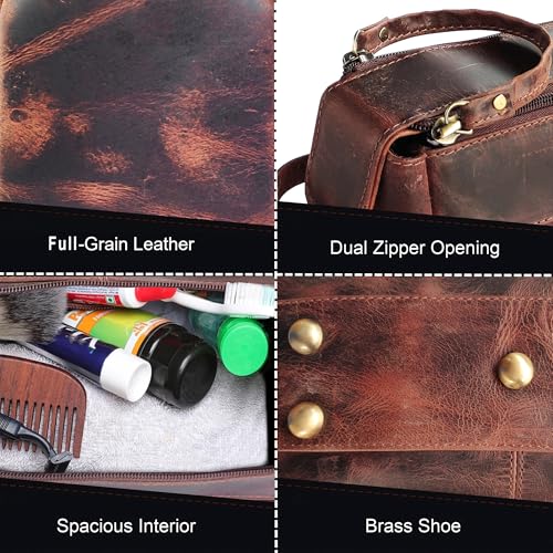 Walnut Brown Leather Toiletry Bag for Men - Travel Dopp Kit & Shaving Bag