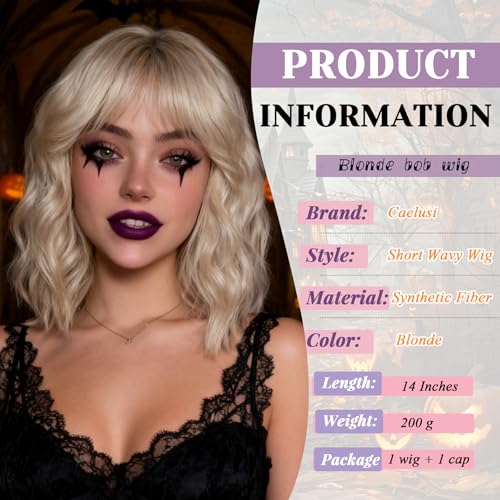 Blonde Short Bob Wig with Bangs - 14 Inch Curly Wavy Synthetic Cosplay Wig for Women
