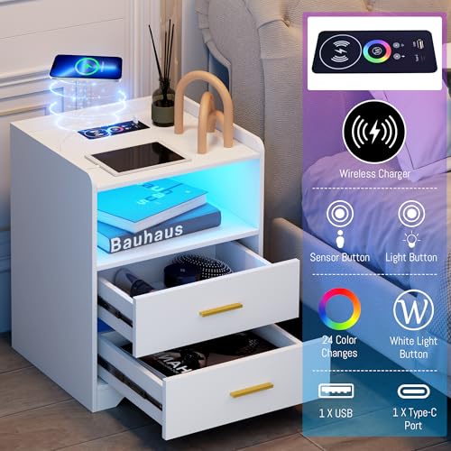 RGB Nightstand with Wireless Charging Station - White, 3 Layers