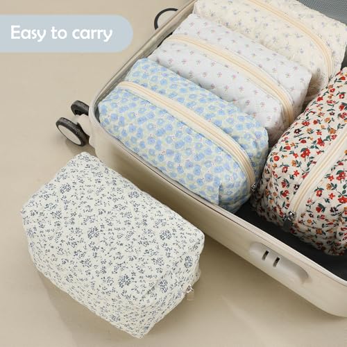 6 Pcs 8 Inch Large Quilted Makeup Bag Bulk Floral Cosmetic Bag Bridesmaid Gifts Women Floral Cotton Quilted Pouch Travel Toiletry Coquette Aesthetic Makeup Organizer for Women