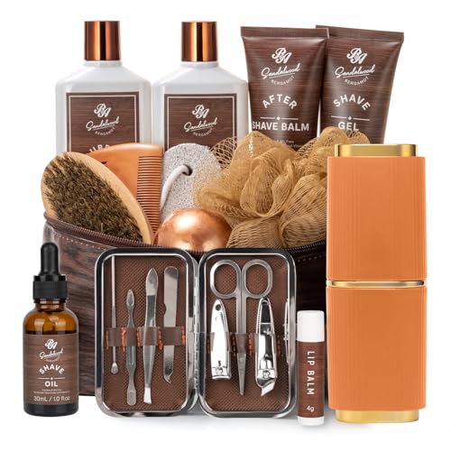 Men's Spa & Grooming Gift Set with Sandalwood & Cedarwood, Leather Bag