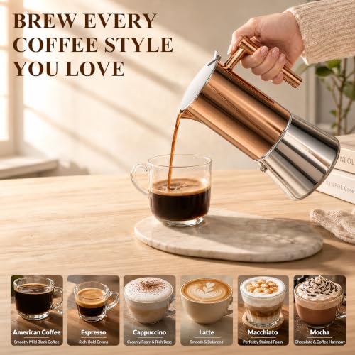 Large 12-Cup Rose Gold Stainless Steel Moka Pot - 600ml Stovetop Espresso Brewer