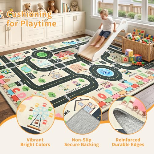 Kids Play Rug 6x9 ft Road Car Track Playmat - Non Slip Washable Toddler Carpet - White Variation
