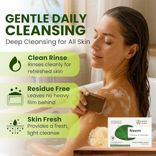 Neem Face and Body Bar Soap - Ayurvedic Exfoliating Cleansing with Coconut & Castor Oils - 4.5 oz
