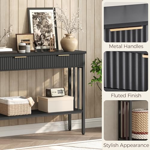 MAHANCRIS 39.4-Inch Black Fluted Console Table with 2 Drawers, Entryway Storage