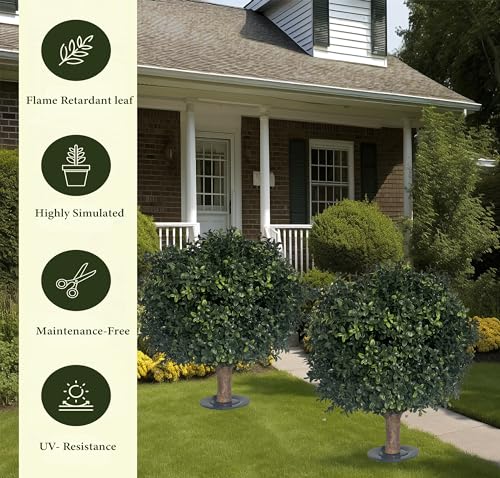 KYESYES 27" Artificial Boxwood Bush Balls with Spike - UV & Weather Resistant, 2 Pack, Green - Indoor/Outdoor Garden Decor