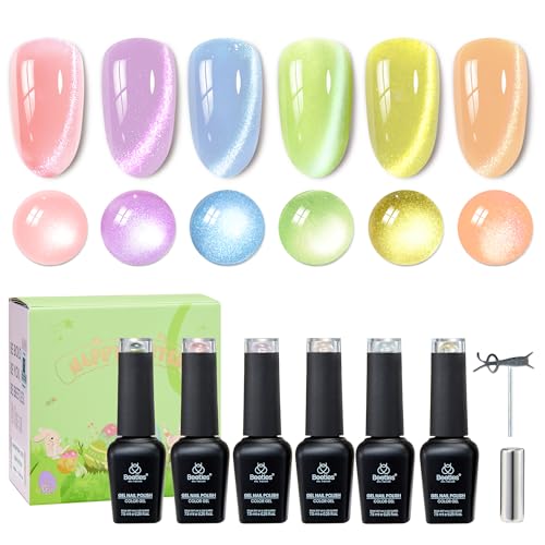 Beetles Sugar Meadow Cat Eye Gel Nail Polish Set - 6 Colors Easter Glitter Cat Eye Pastel Gel Polish Kit Pink Purple Green Blue Orange Peach Nude Yellow Magnetic Soak Off UV Manicure Gift for Women