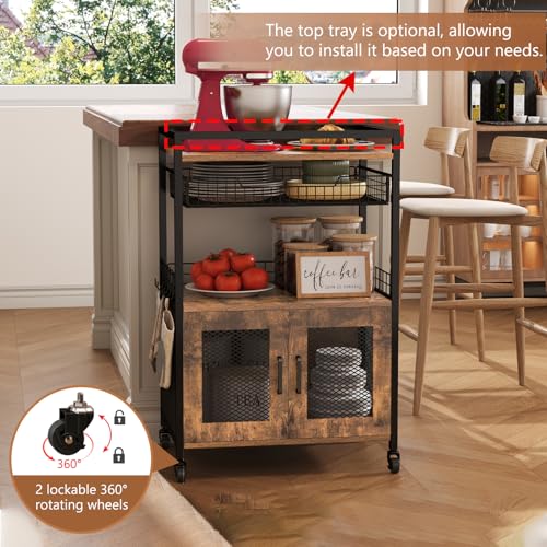 Large Coffee Bar Cabinet on Wheels with 3 Tiers, Wire Basket Drawer & Hooks