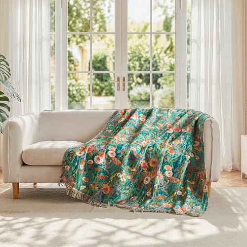 LUTBM King Size Reversible Cotton Blanket with Floral Embroidery - 108x90 Inches