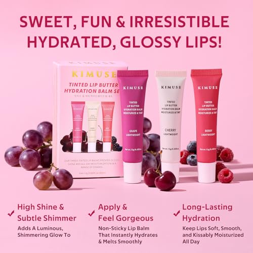 KIMUSE 3 Pack Tinted Lip Butter Hydration Balm, Hydrating Lip Treatment with Hyaluronic Acid & Vitamin E, Tinted Lip Balm for Instant Moisture, Shine & Hydration, Supple Lips, Vegan & Cruelty-Free